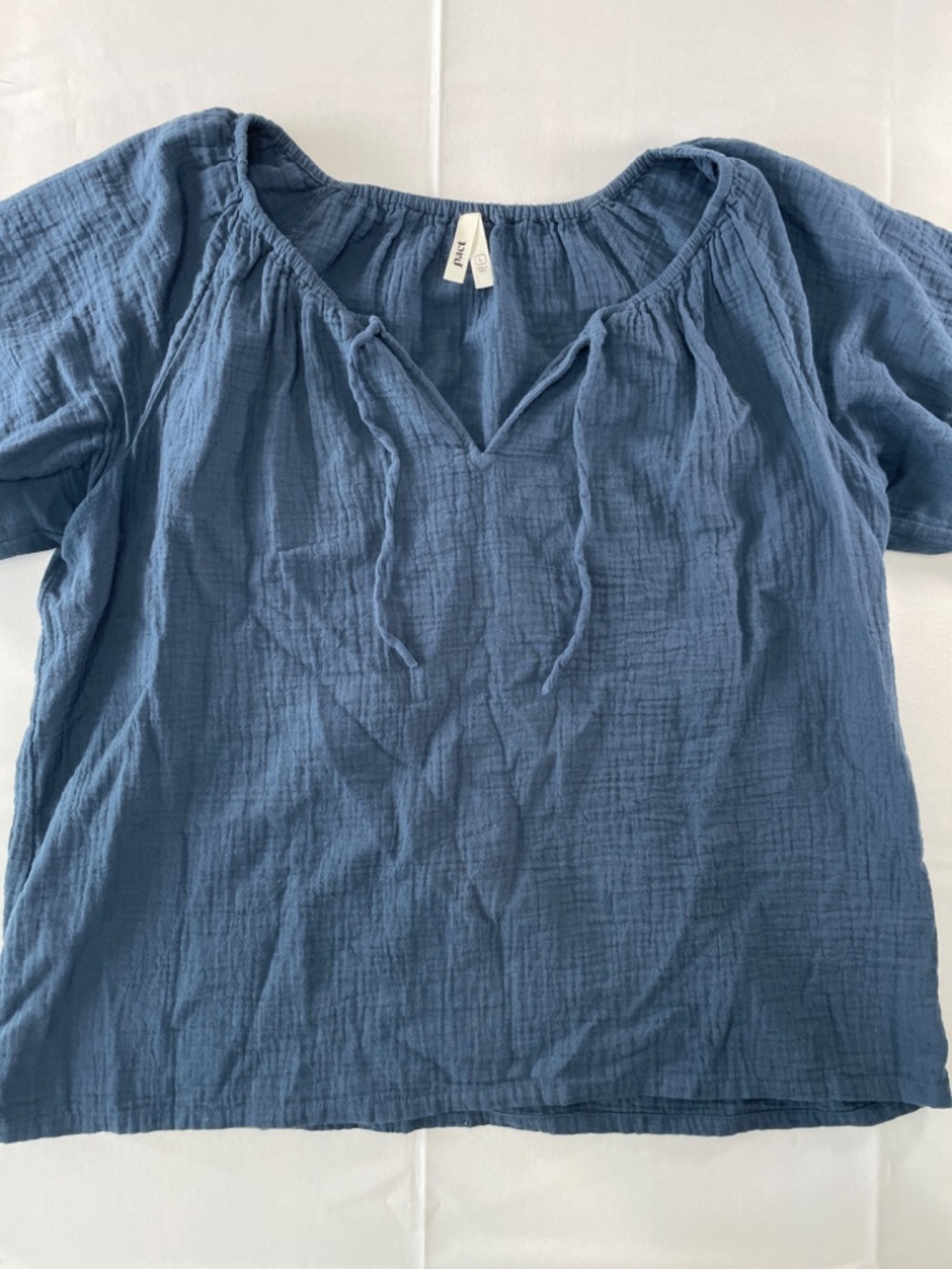 Pact Blue Double Gauze Blouse Split Neck Tie Boho Top - Size L